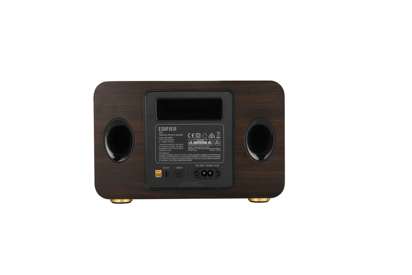 Puertos de conexión USB‑C y AUX en el parlante Edifier D32 Retro Walnut