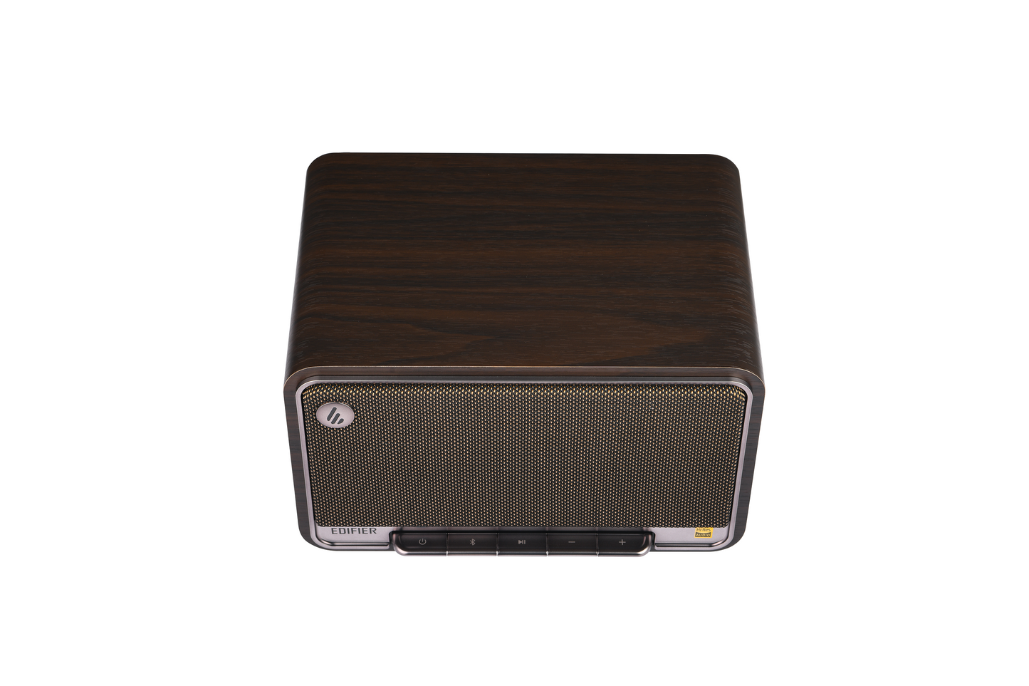 Detalle del panel de controles estilo teclado de acordeón en el Edifier D32 Walnut