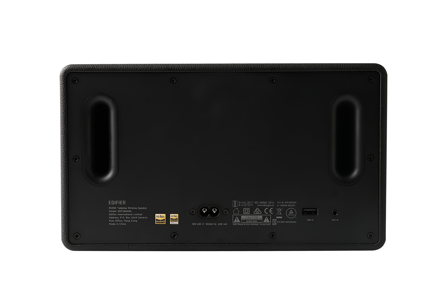 Parlante de escritorio Edifier ES300 en vista trasera con entradas usb y aux