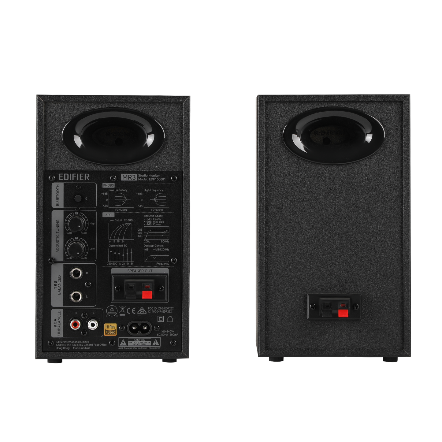 Edifier MR3 negro – panel trasero con controles acústicos y entradas TRS, RCA, AUX