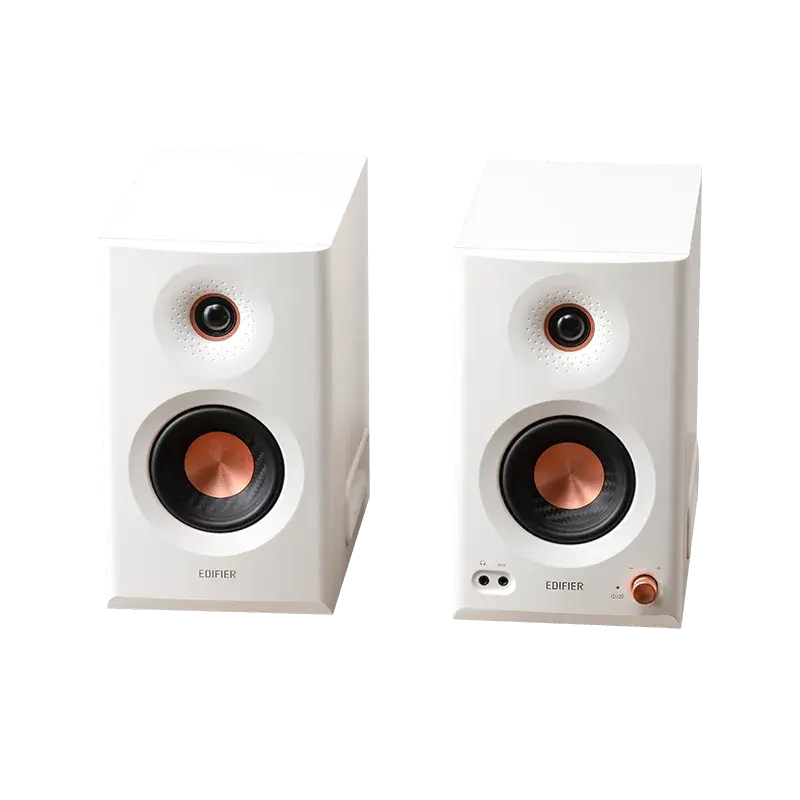 Edifier MR5 blanco – par de monitores vistos desde arriba, drivers expuestos y perilla frontal
