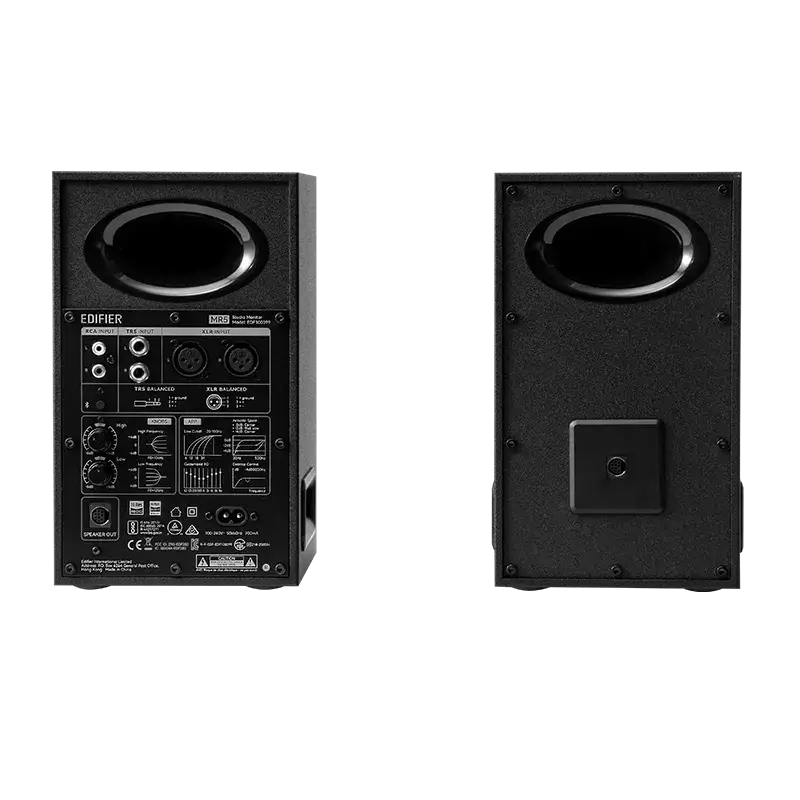 Panel trasero Edifier MR5 negro con entradas XLR, TRS, RCA y controles acústicos