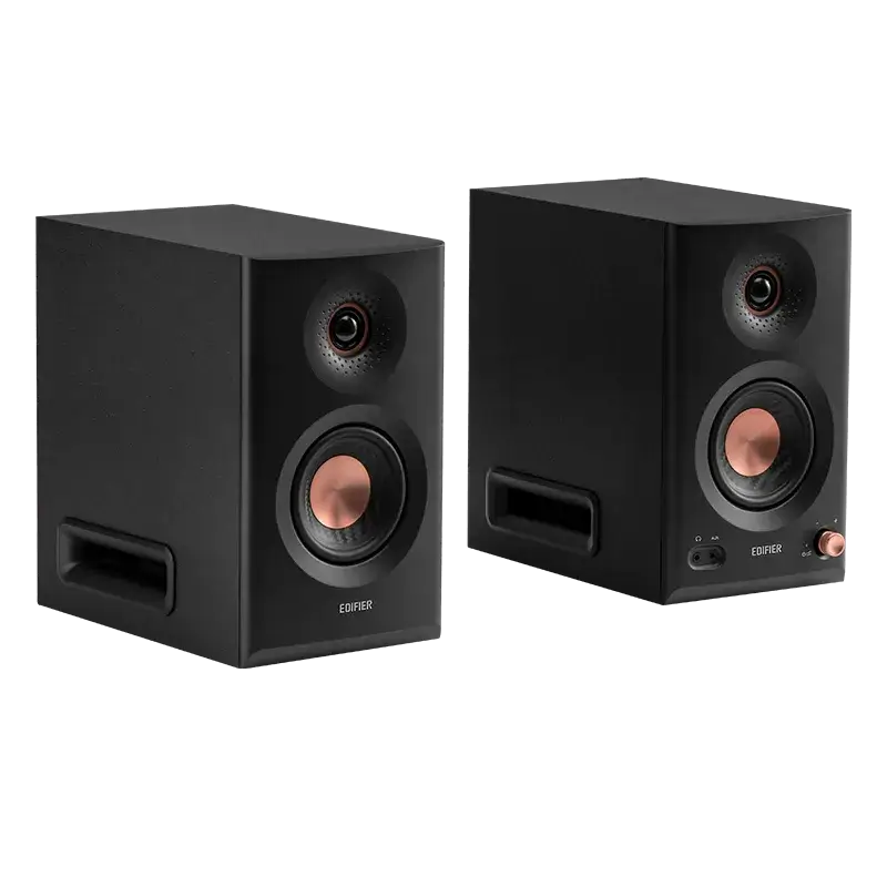 Edifier MR5 negro – par de monitores vista en ángulo derecho con puertos laterales