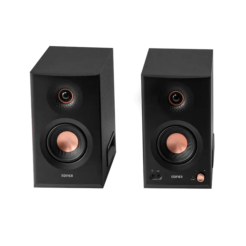 Edifier MR5 negro – par de monitores de estudio 5 pulgadas tri‑amplificados vista frontal.