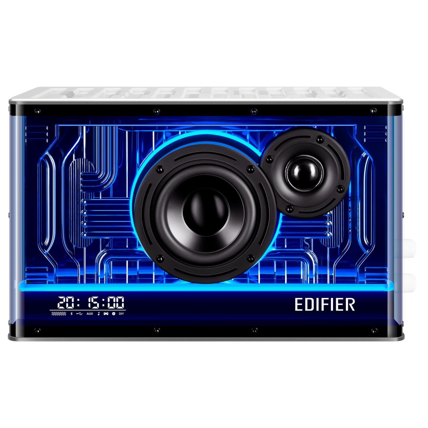 Parlante Edifier QD35 con luces RGB y diseño frontal tipo grilla digital