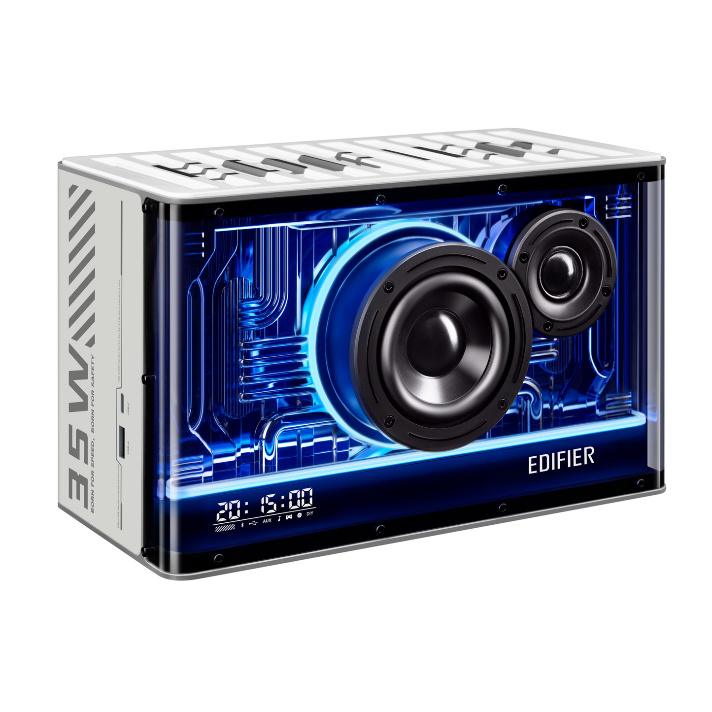 Edifier QD35 Blanco con luces RGB activadas sobre escritorio