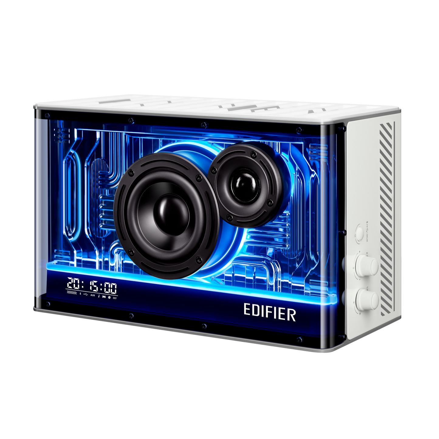 Parlante Hi-Res Edifier QD35 Blanco conectado vía Bluetooth en escritorio