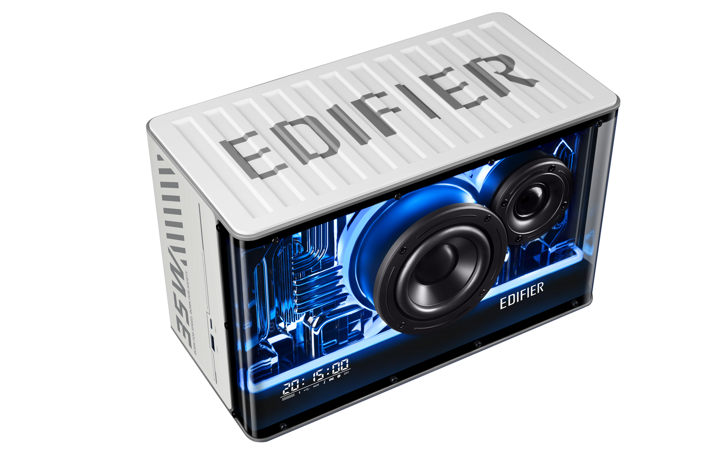 Edifier QD35 Blanco en ambiente retro-futurista con pantalla de estilo pixelado