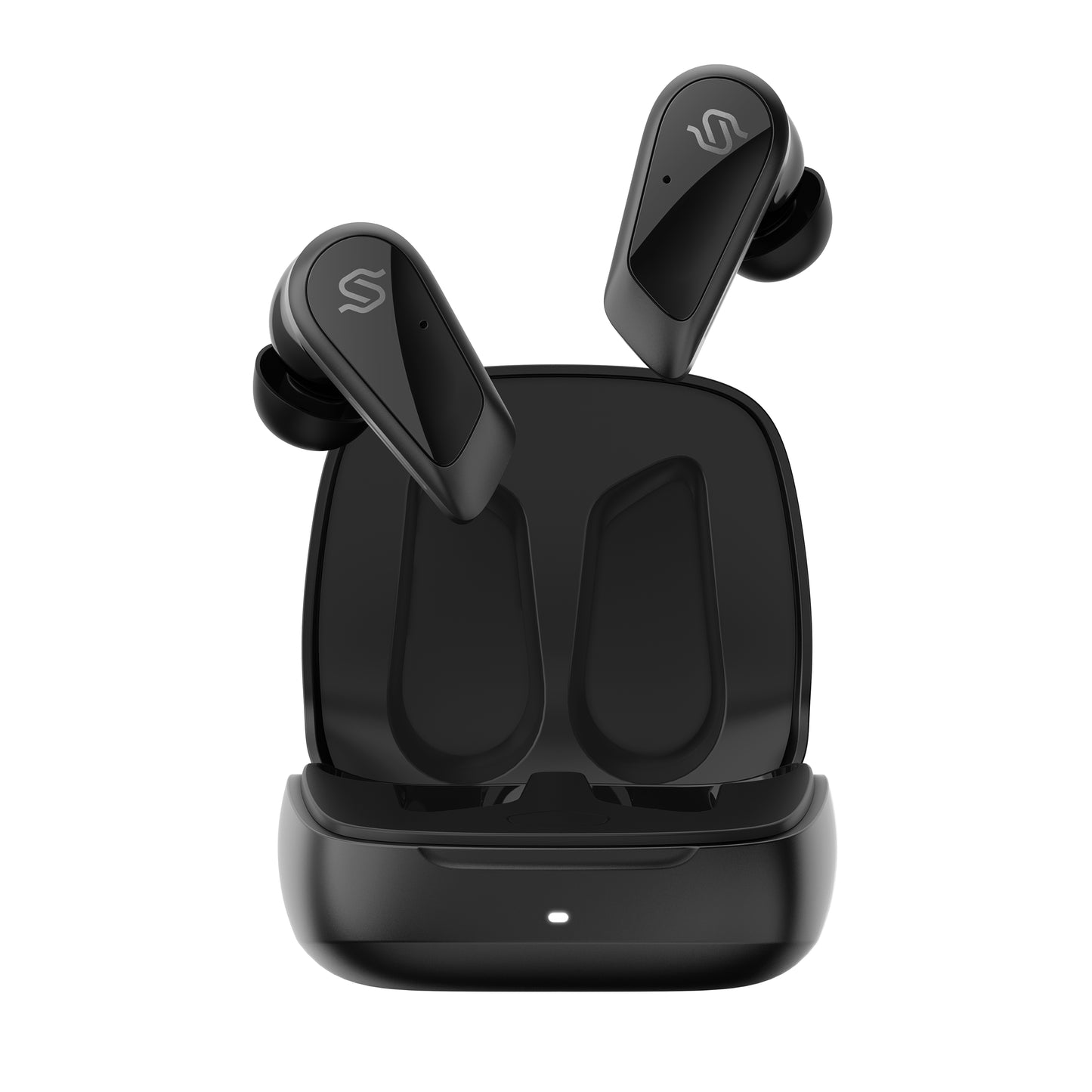 Vista frontal de los Edifier S10 con ambos auriculares fuera del estuche