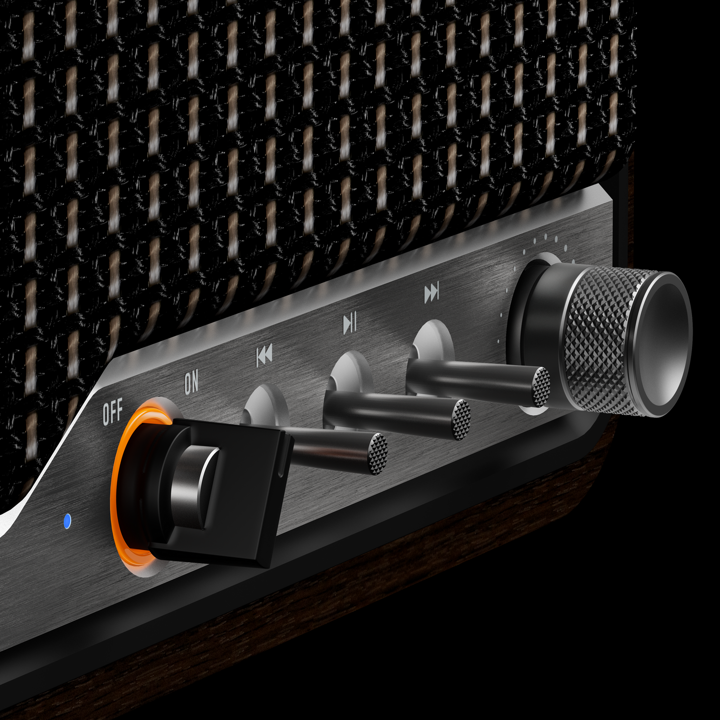Detalle de los controles frontales del altavoz Edifier S300 (botones y perillas)