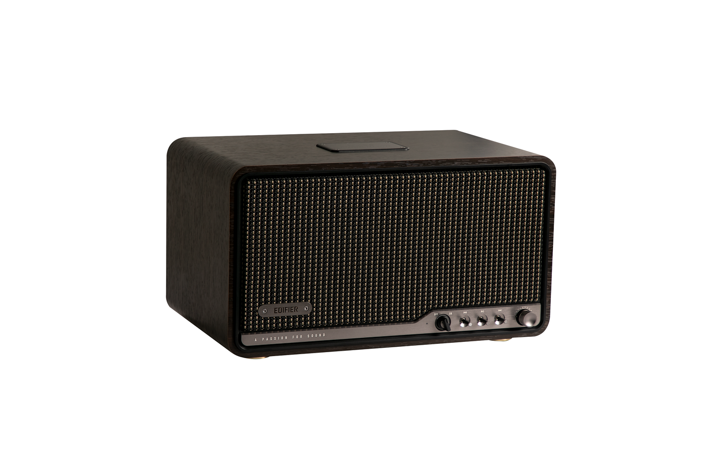 Altavoz inalámbrico Edifier S300 vista lateral izquierda en color nogal negro.