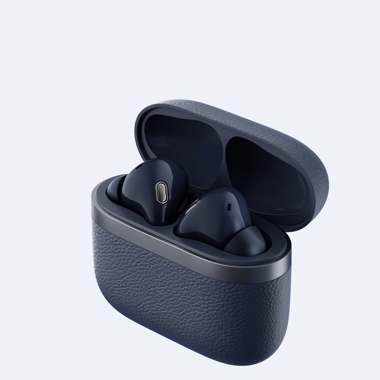 Auriculares Edifier W260NC color azul dentro de su estuche abierto vistos en ángulo diagonal