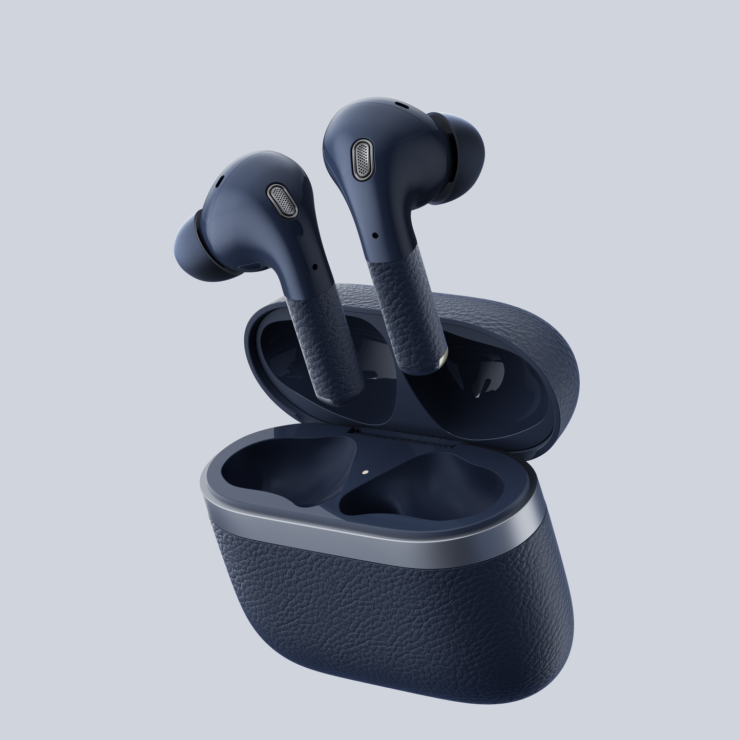 Auriculares Edifier W260NC suspendidos sobre estuche abierto en fondo azul oscuro