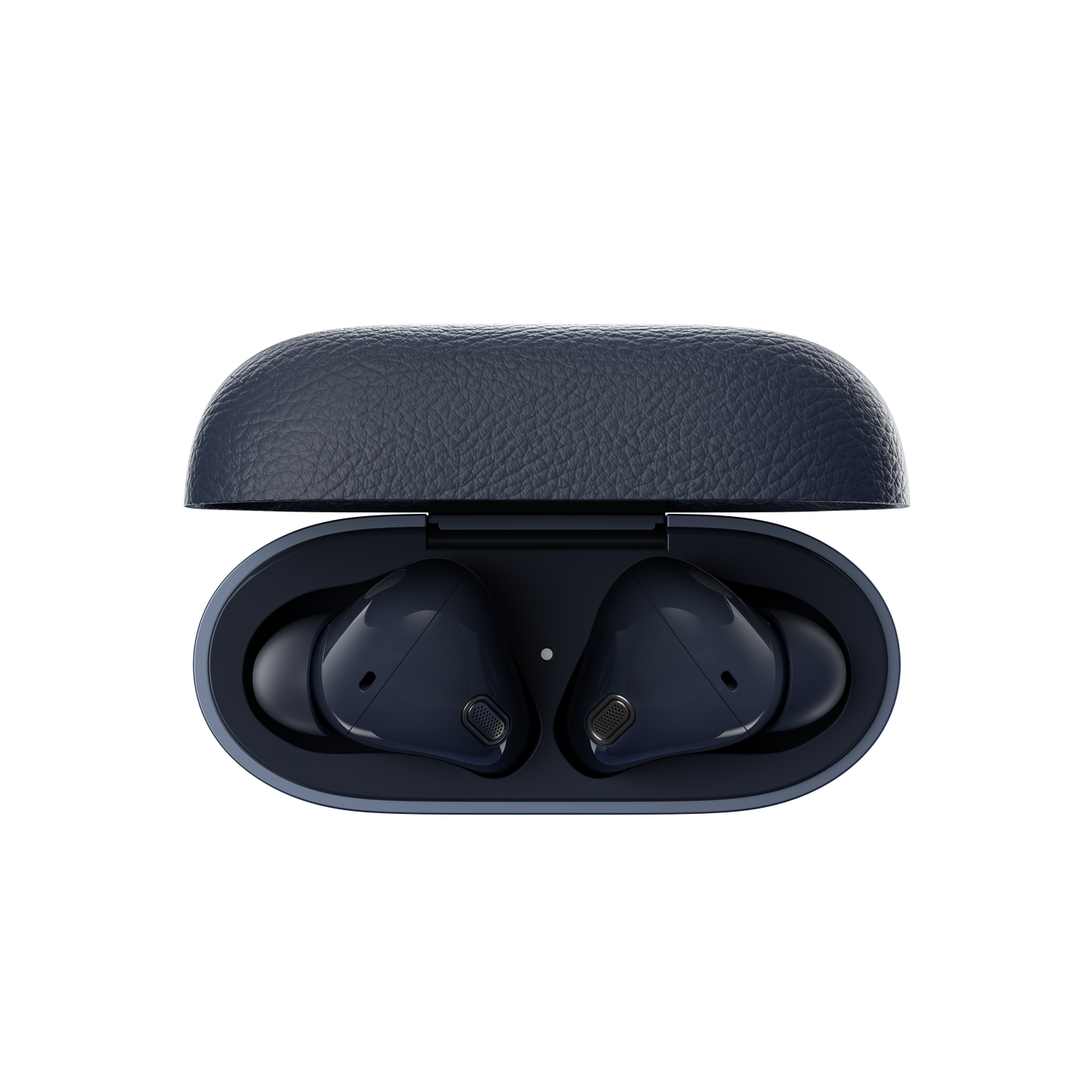 Auriculares Edifier W260NC color azul vistos de frente dentro del estuche abierto