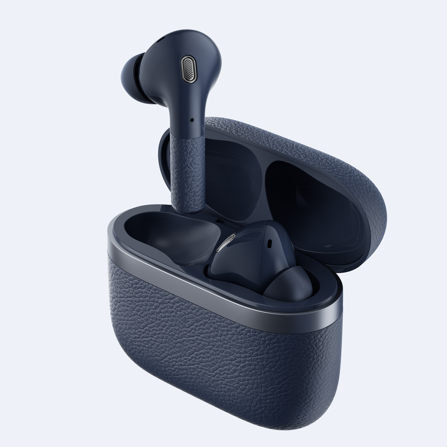 Un auricular Edifier W260NC azul saliendo del estuche de carga abierto