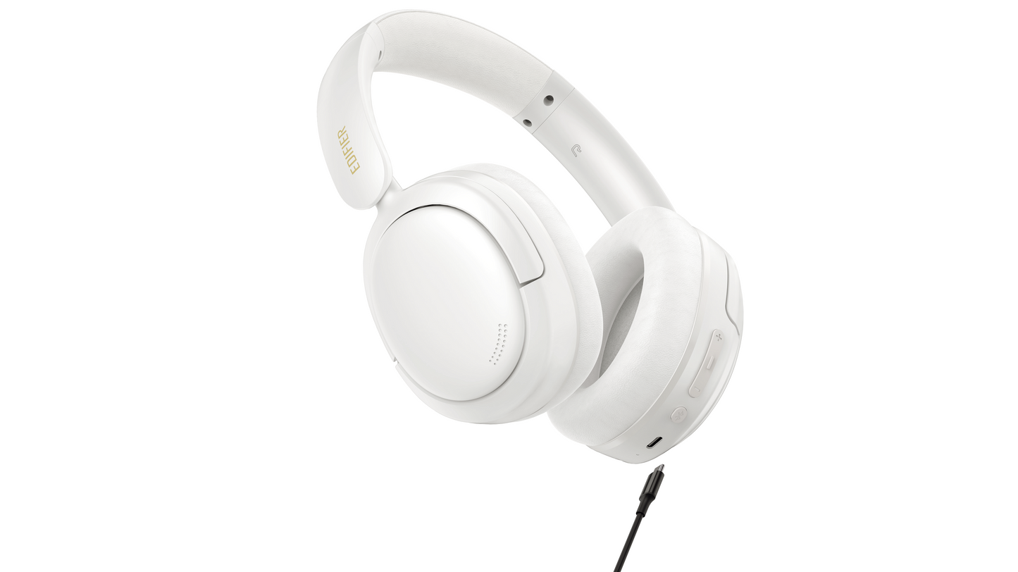 Auriculares Edifier W800BT SE blancos en vista diagonal con cable conectado