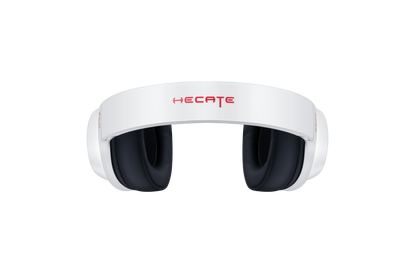 Vista del arco superior de los Edifier G2 II en blanco con logo HECATE