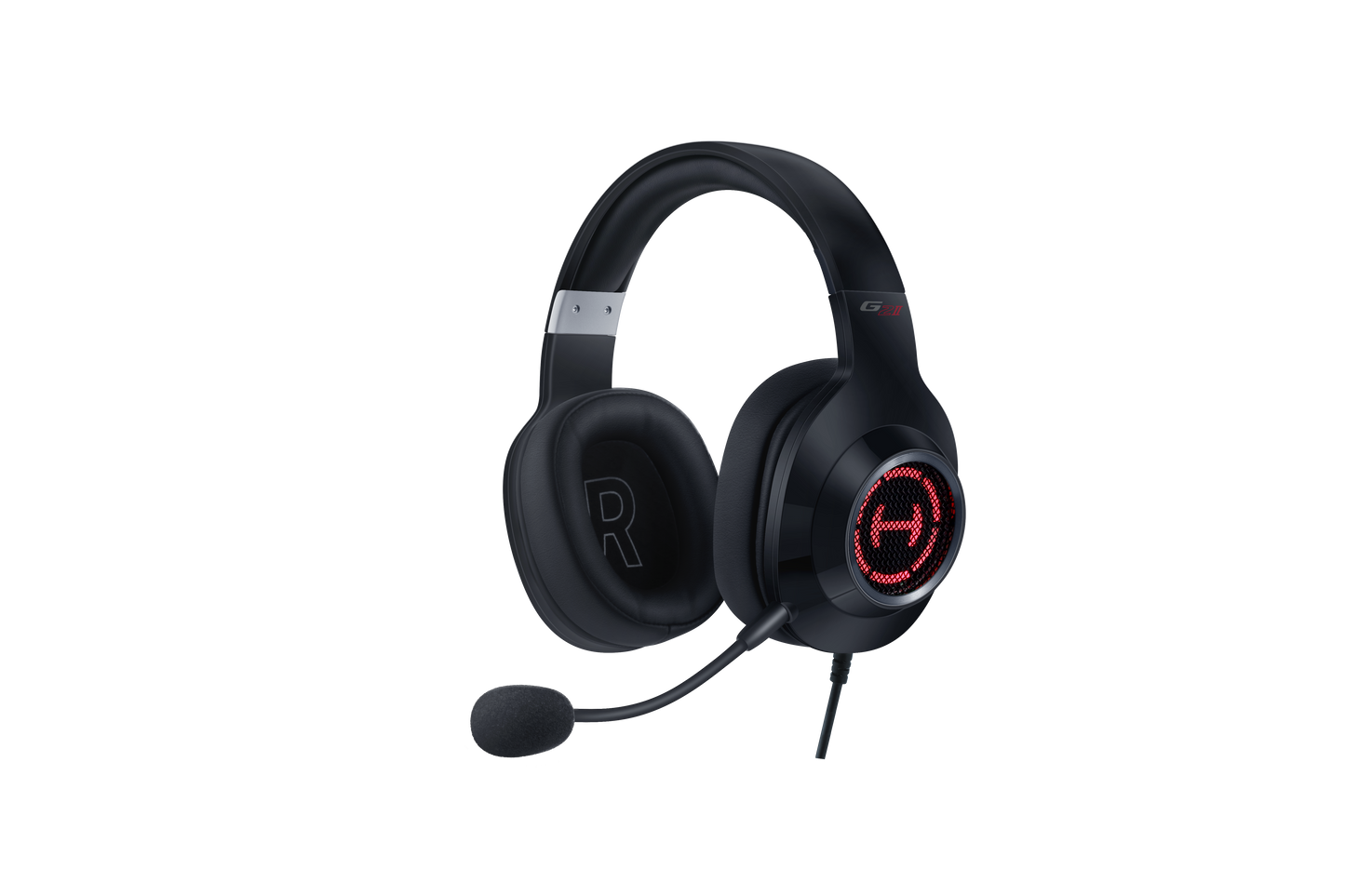 Auriculares Edifier G2 II color negro con luz LED encendida, vista frontal