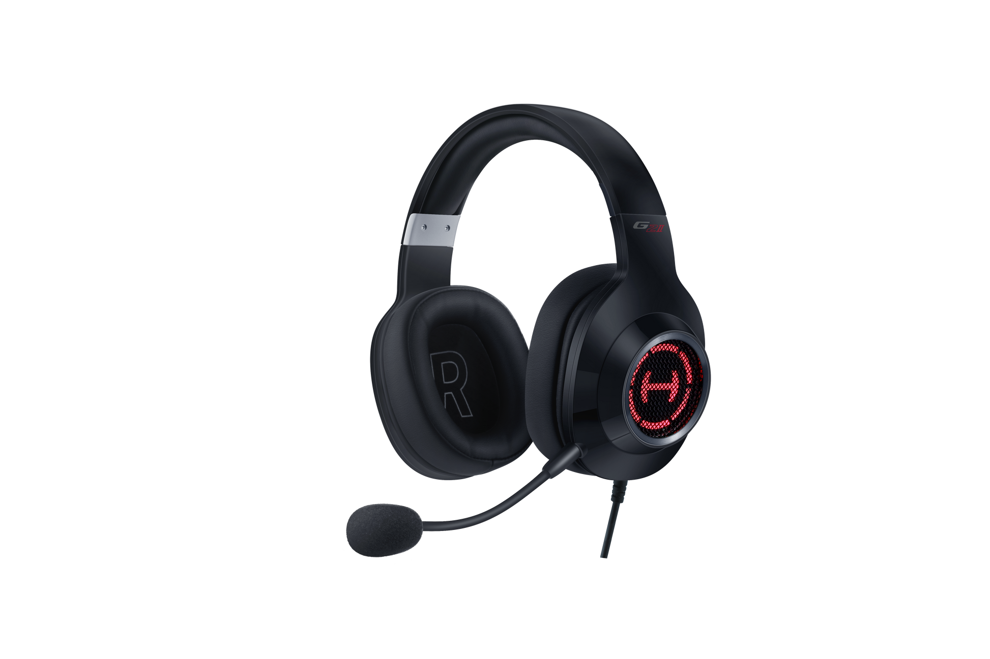 Auriculares Edifier G2 II color negro con luz LED encendida, vista frontal