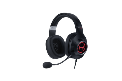Auriculares Edifier G2 II color negro con luz LED encendida, vista frontal