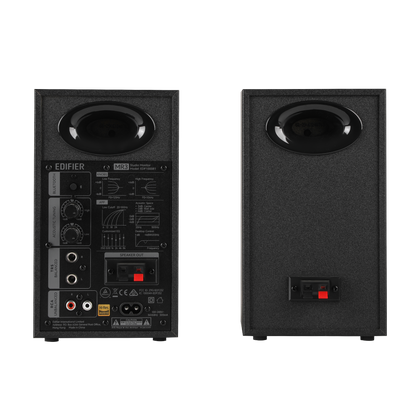 Edifier MR3 negro – panel trasero con controles acústicos y entradas TRS, RCA, AUX