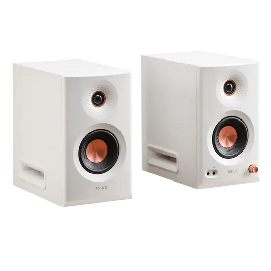 Edifier MR5 blanco – vista en ángulo derecho del par mostrando panel frontal y laterales.