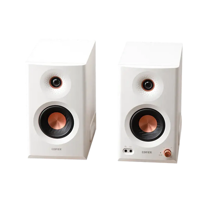 Edifier MR5 blanco – par de monitores vistos desde arriba, drivers expuestos y perilla frontal