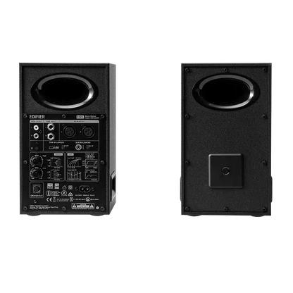 Panel trasero Edifier MR5 negro con entradas XLR, TRS, RCA y controles acústicos