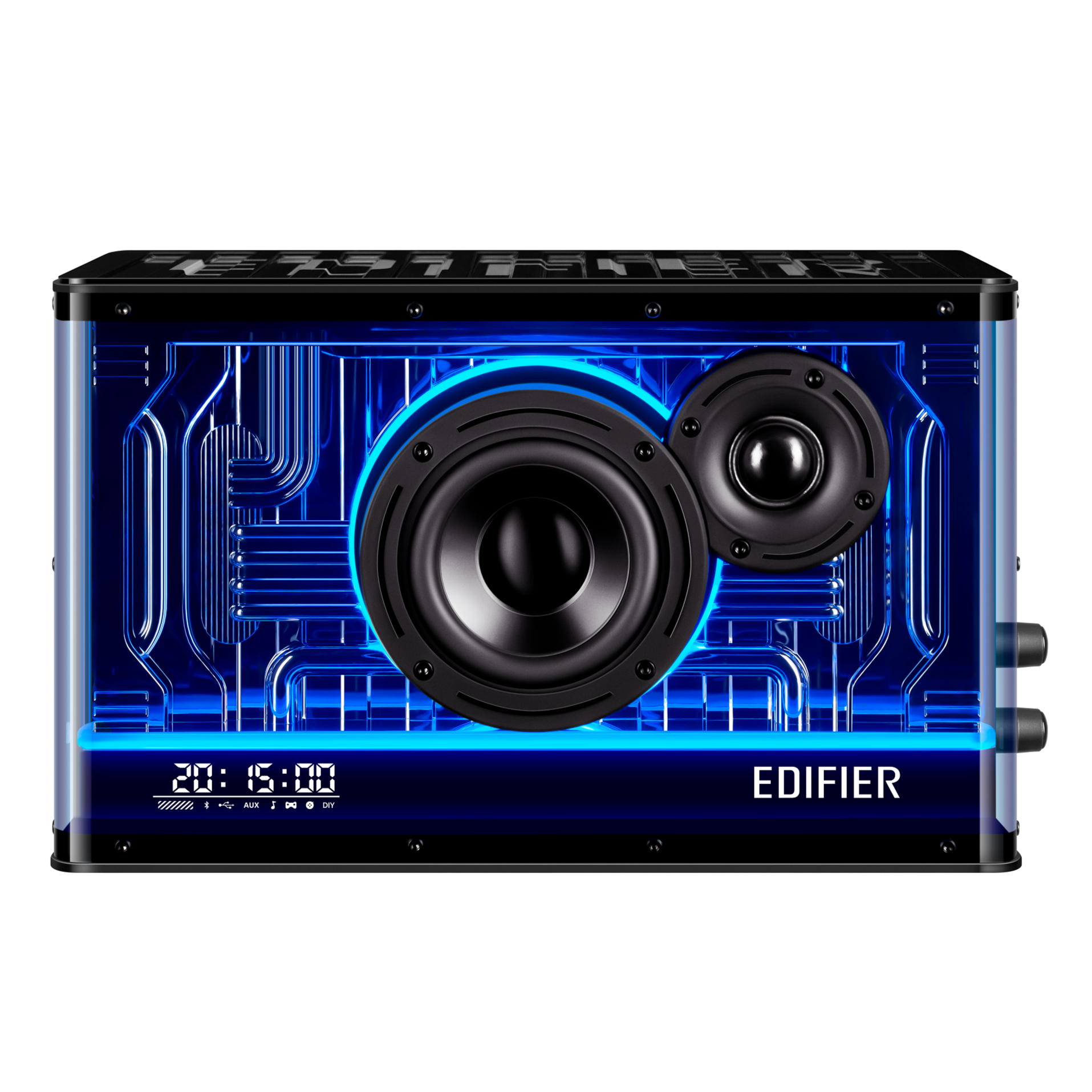 Parlante Edifier QD35 con luces RGB y diseño frontal tipo grilla digital
