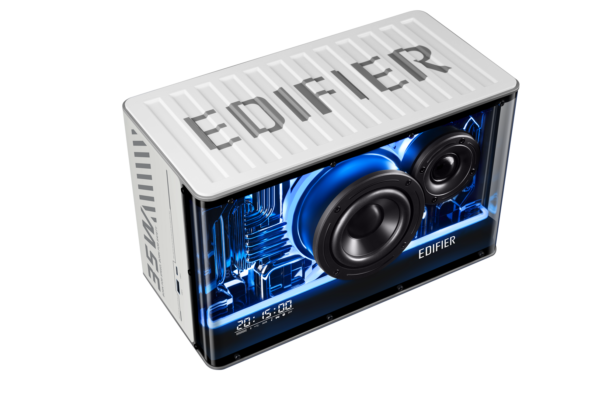 Edifier QD35 Blanco en ambiente retro-futurista con pantalla de estilo pixelado
