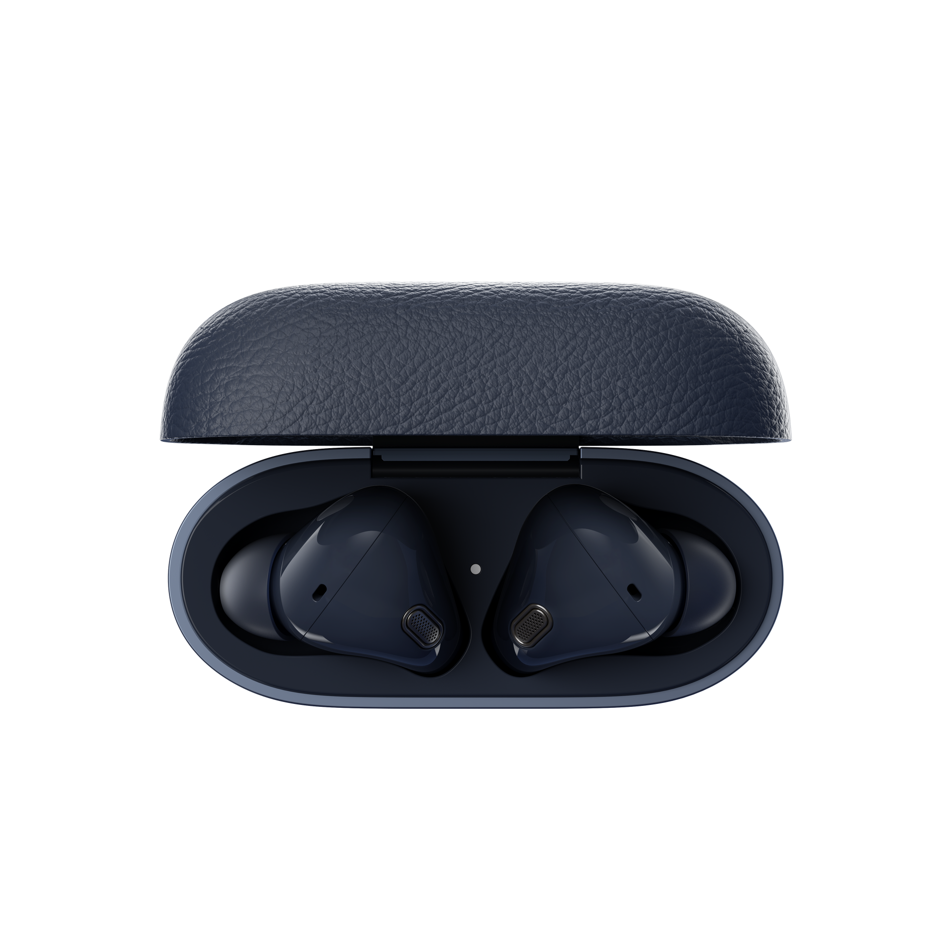 Auriculares Edifier W260NC color azul vistos de frente dentro del estuche abierto