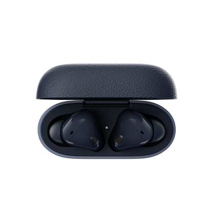 Auriculares Edifier W260NC color azul vistos de frente dentro del estuche abierto