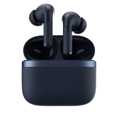 Vista frontal de auriculares Edifier W260NC azul en estuche abierto